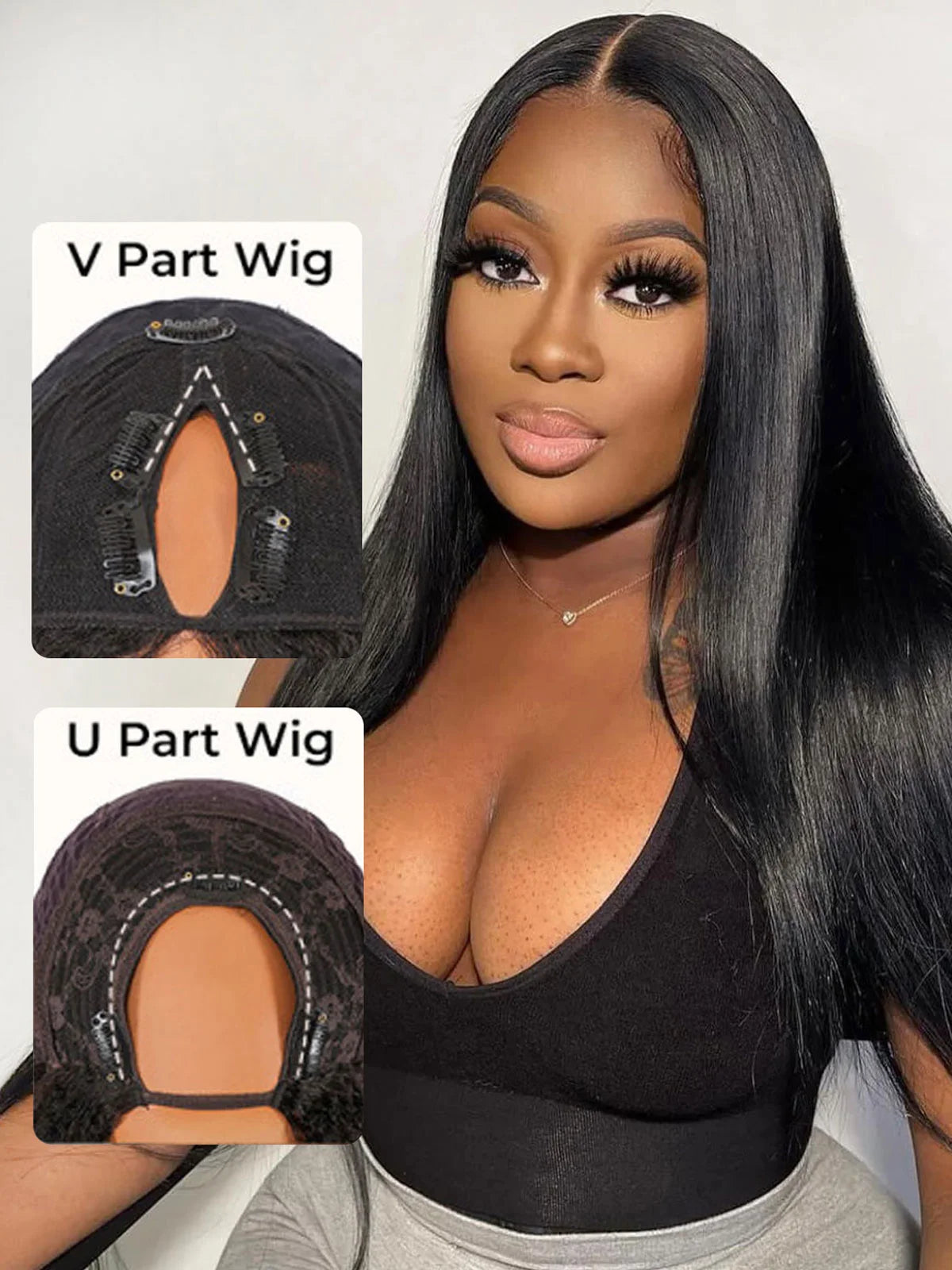 Boruihair 250% Density Pre Plucked Glueless Straight Wig with V-part or U-part options, made from 100% human hair.