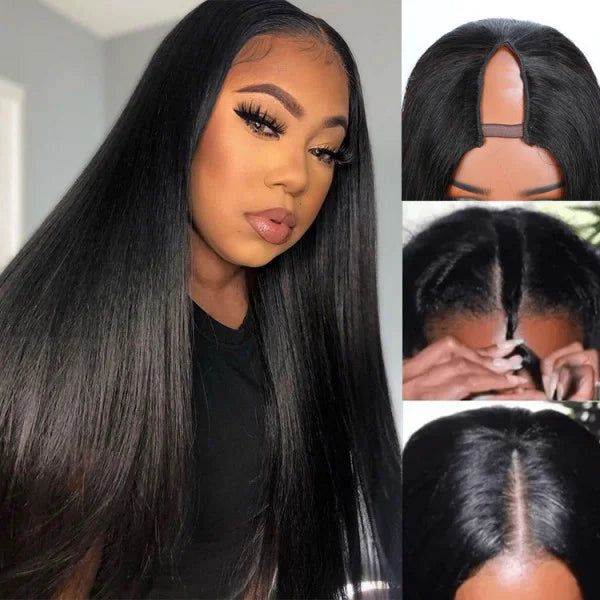 Boruihair 250% Density Pre Plucked Glueless Straight Wig with V-part or U-part options, made from 100% human hair.